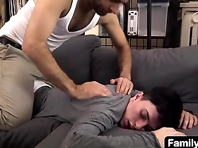 Stepdad lovingly caresses his , his strong hands pushing deep into his supple skin and young muscles
