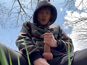 Sweet boy jerking his big dick (23cm) outdoor / huge cumshot on camera / boy / monster dick