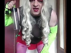 Bisexual crossdressing sissy piss slut loves to swallow his pee and cum together